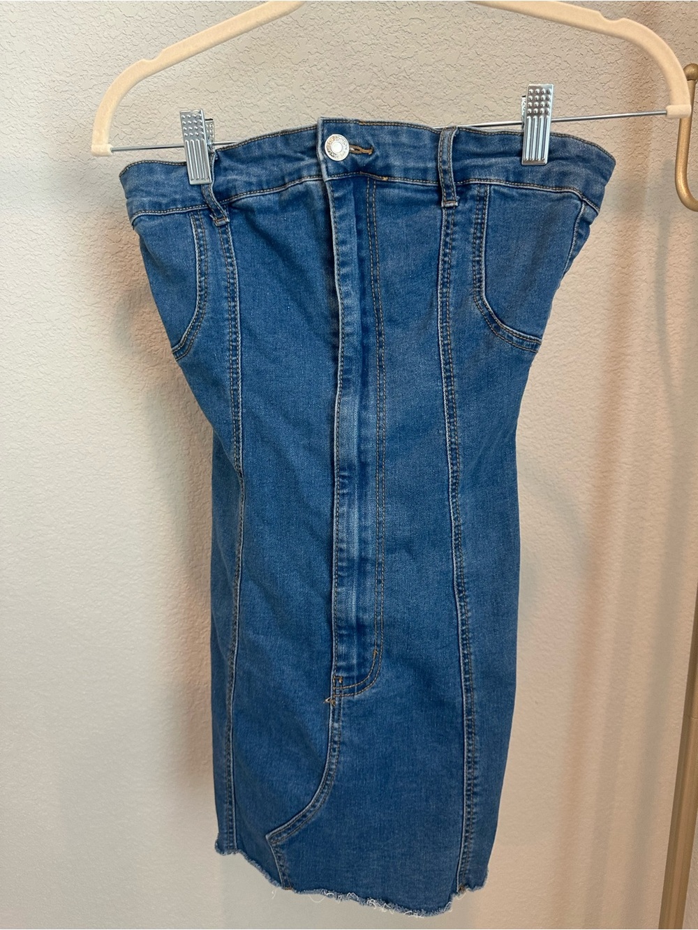 Edikted Denim Jean strapless zip up dress size small